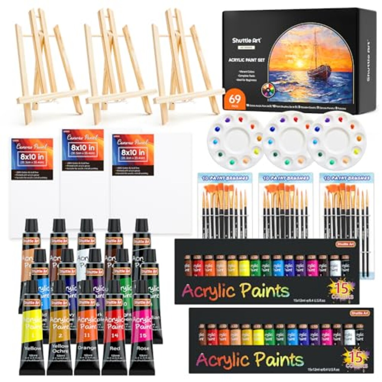 Shuttle Art 69 Pack Acrylic Paint Set, Acrylic Painting Set with 2 Pack of 15 Colors Acrylic Paint, 3 Sets of Wooden Easels, Canvas, Brushes & Palettes, Art Painting Supplies for Kids Adults Beginner
